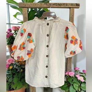 THML White Gauze Blouse with Multicolor Floral Embroidery embroidered flowers
